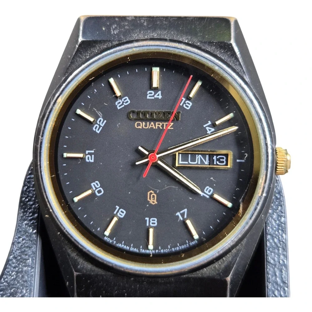 Citizen 6101-S05413 Quartz Watch Mens Black Gold Day Date Vintage Tested